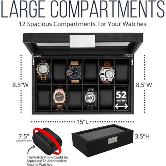 Watch Box for Men 12 Slot Luxurious & Masculine Carbon Fiber Textured Watch Case - Picture 5 of 5